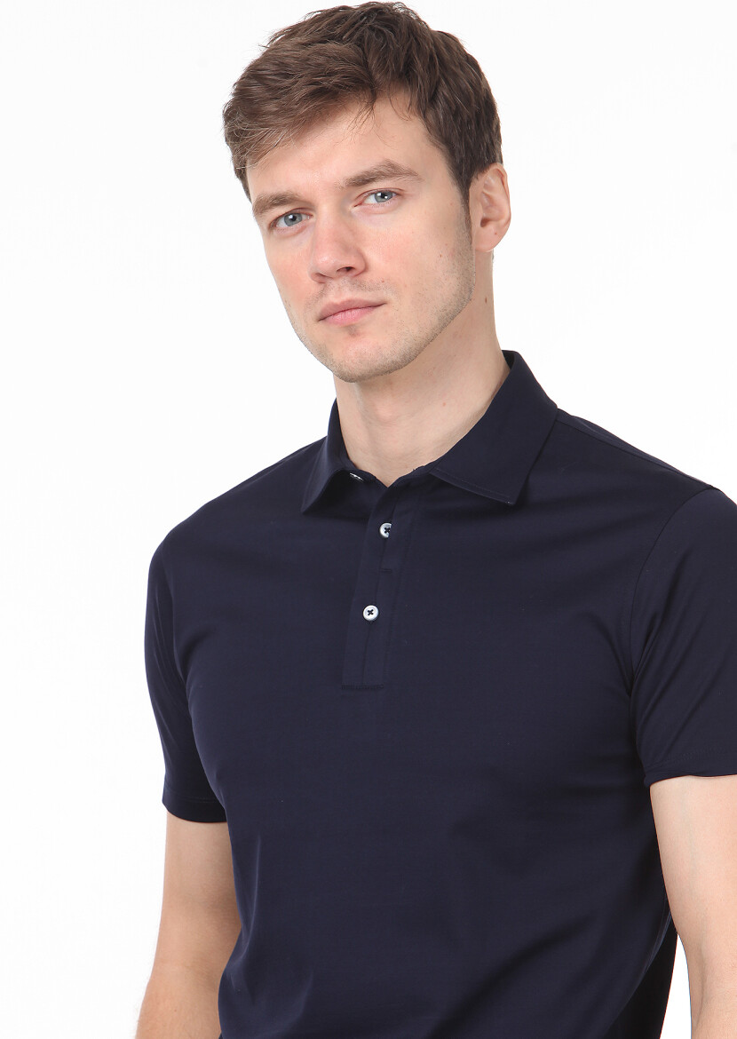 Lacivert Düz Polo Yaka %100 Pamuk T-Shirt 