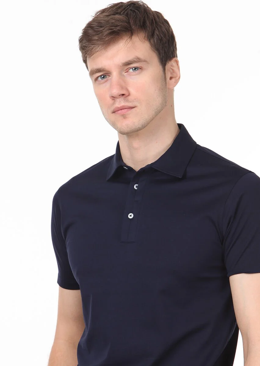 Lacivert Düz Polo Yaka %100 Pamuk T-Shirt - 2