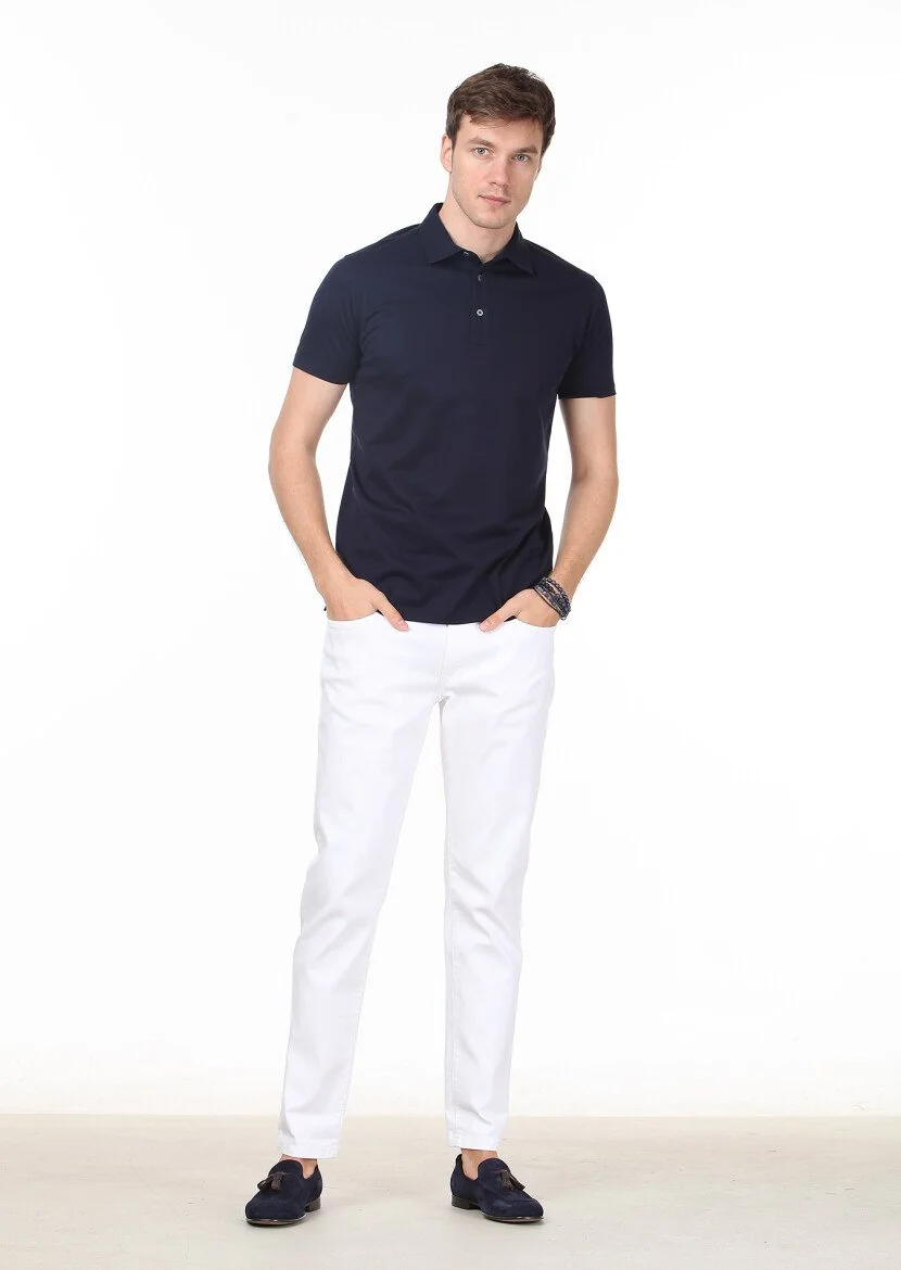 Lacivert Düz Polo Yaka %100 Pamuk T-Shirt - 3
