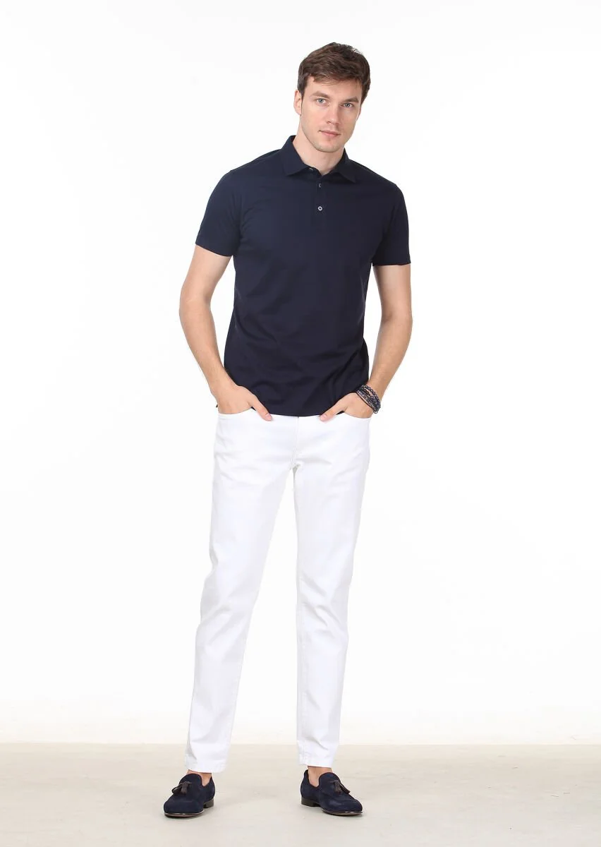 Lacivert Düz Polo Yaka %100 Pamuk T-Shirt - 3