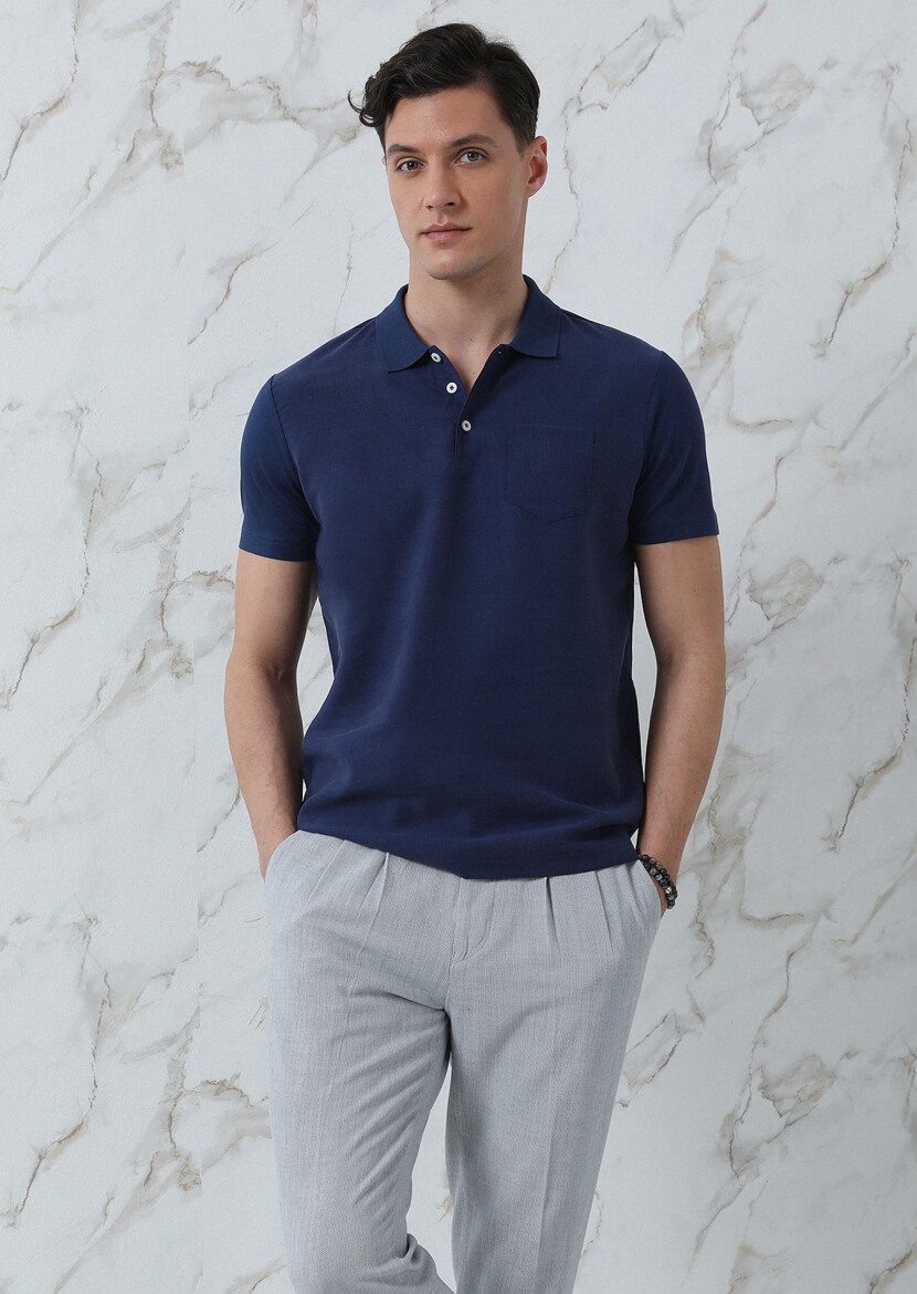Lacivert Düz Polo Yaka %100 Pamuk T-Shirt - 4