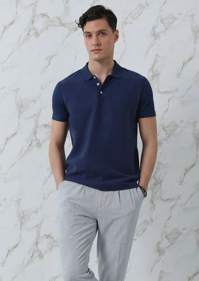 Lacivert Düz Polo Yaka %100 Pamuk T-Shirt - 4