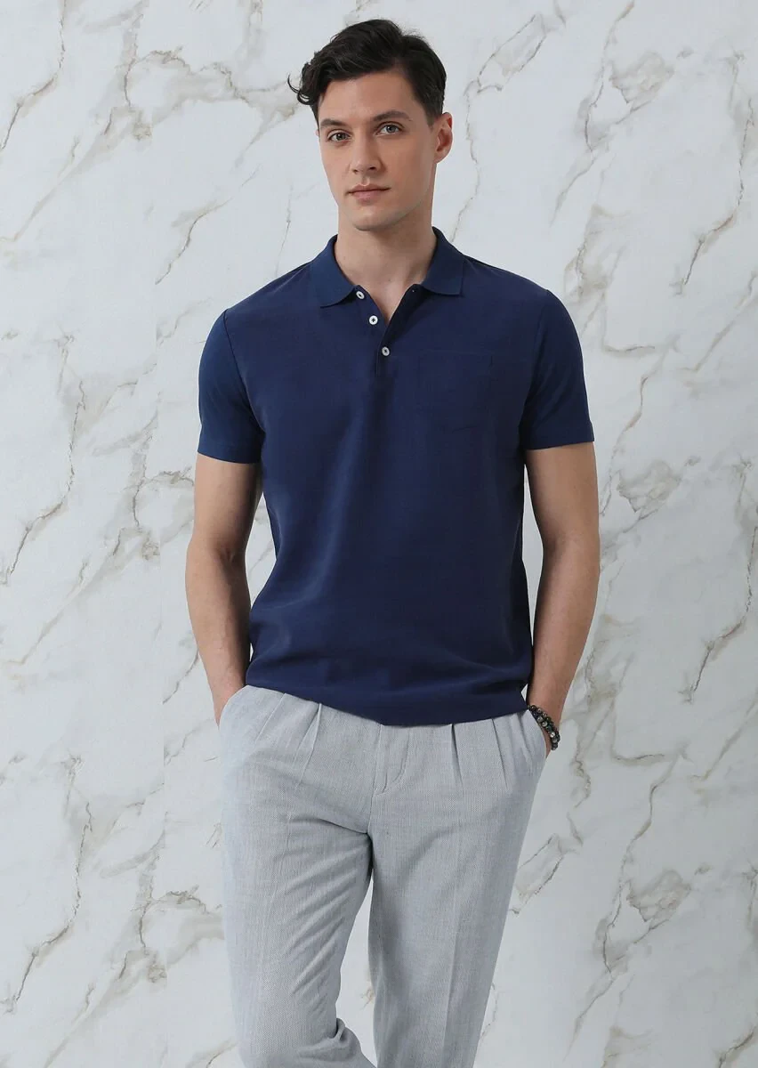 Lacivert Düz Polo Yaka %100 Pamuk T-Shirt - 4