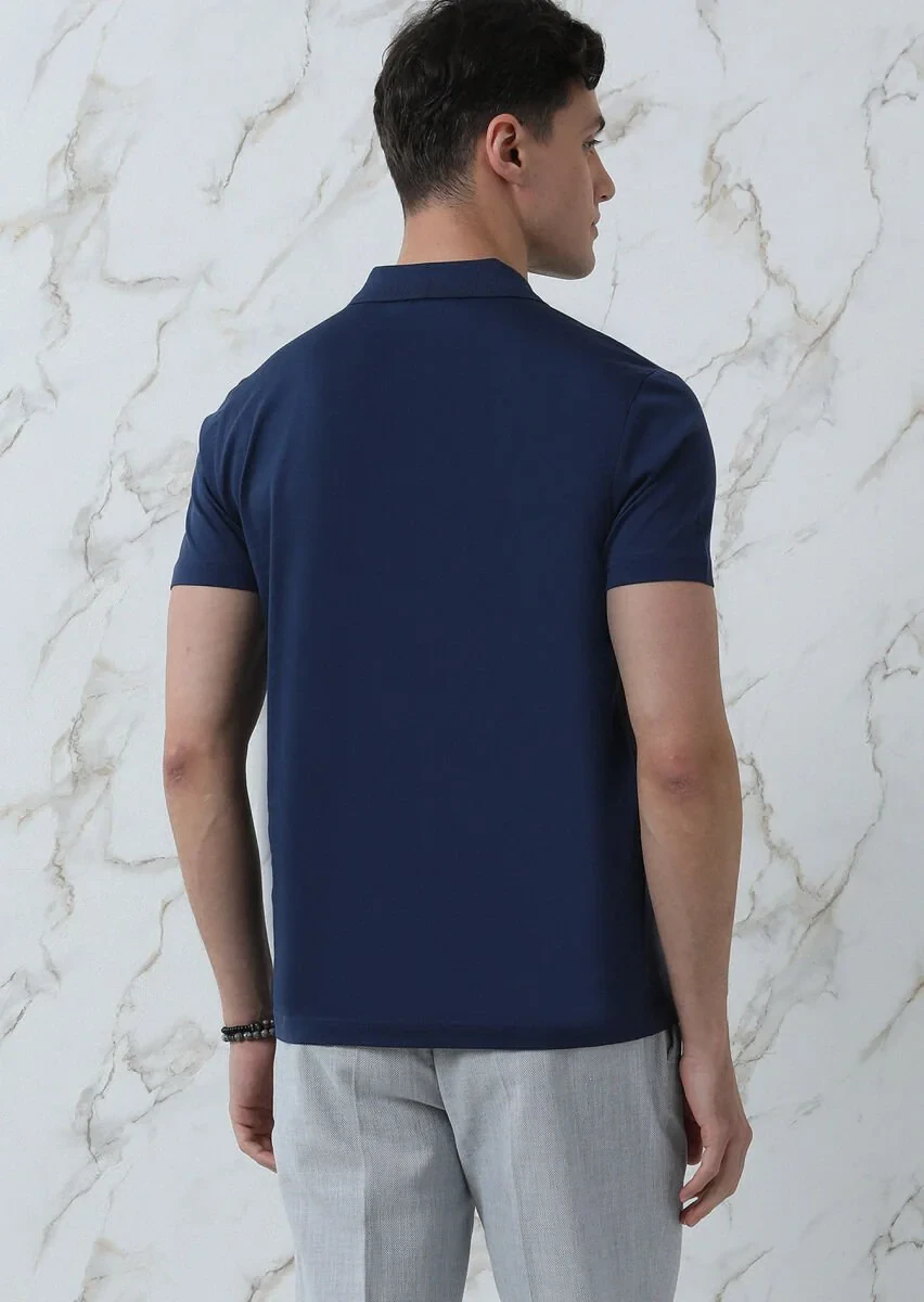 Lacivert Düz Polo Yaka %100 Pamuk T-Shirt - 5