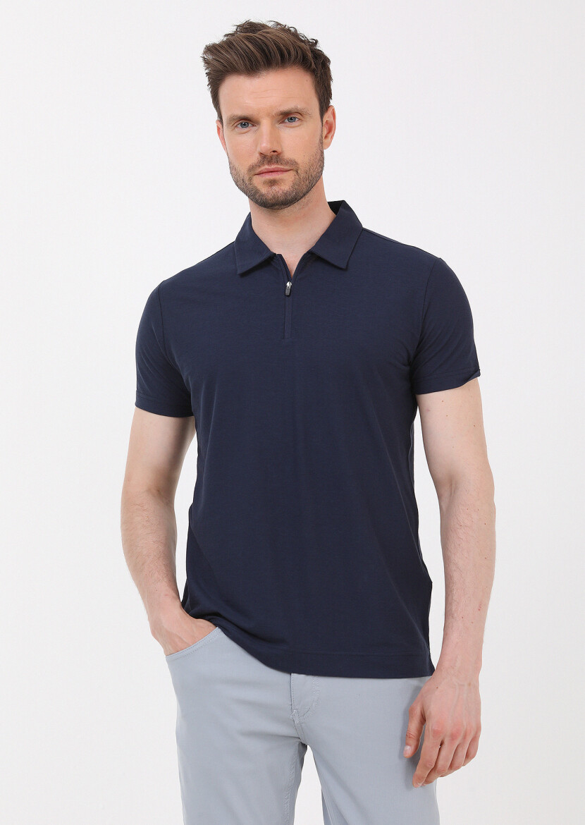 Lacivert Düz Polo Yaka %100 Pamuk T-Shirt - 1
