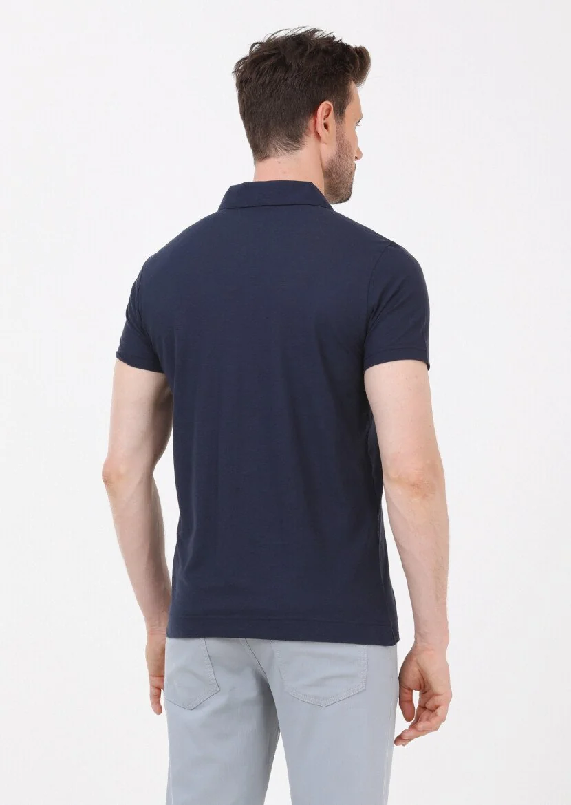 Lacivert Düz Polo Yaka %100 Pamuk T-Shirt - 4
