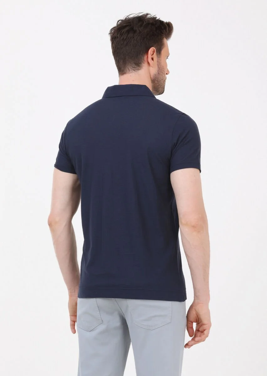 Lacivert Düz Polo Yaka %100 Pamuk T-Shirt - 4