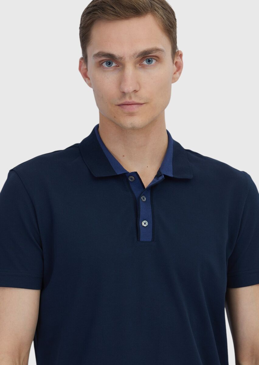 Lacivert Düz Polo Yaka %100 Pamuk T-Shirt - 3