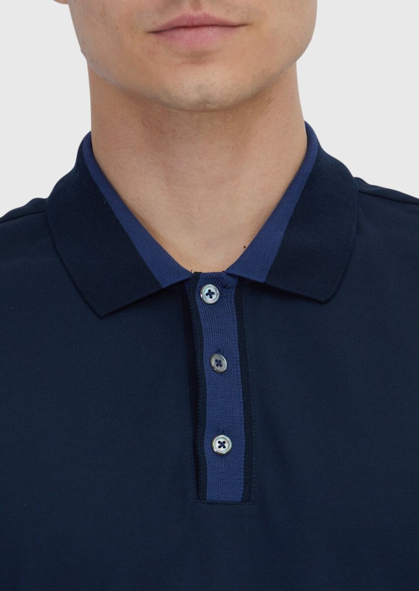 Lacivert Düz Polo Yaka %100 Pamuk T-Shirt - 4