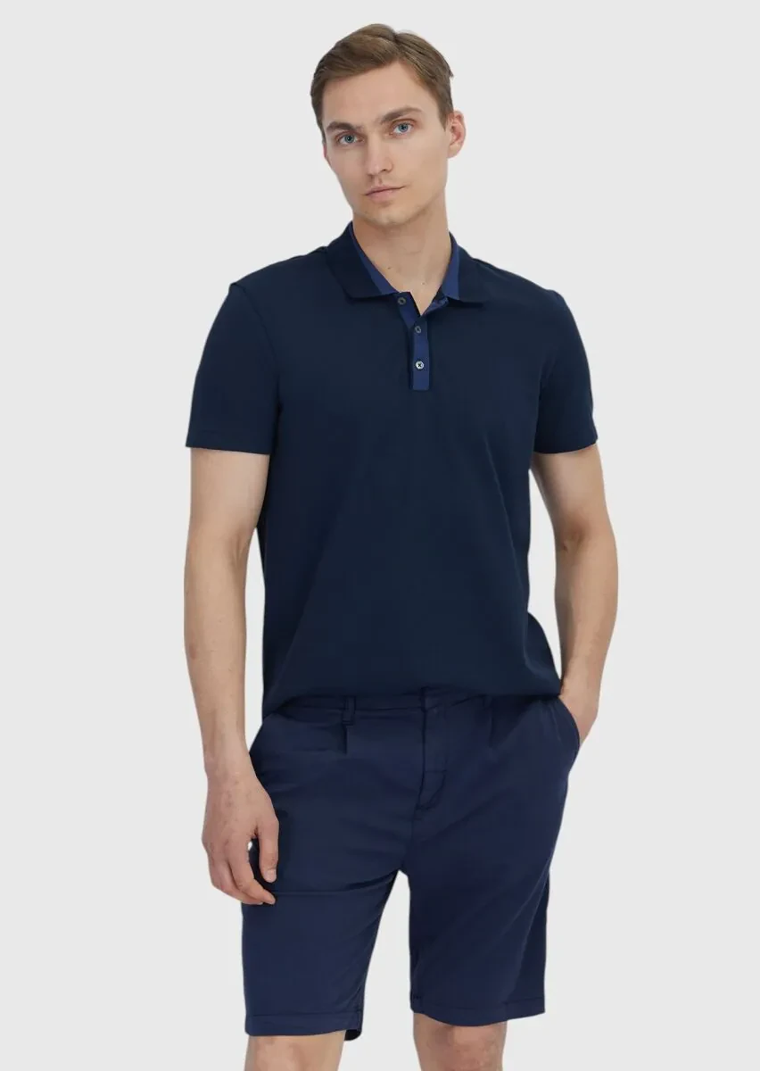 Lacivert Düz Polo Yaka %100 Pamuk T-Shirt - 1