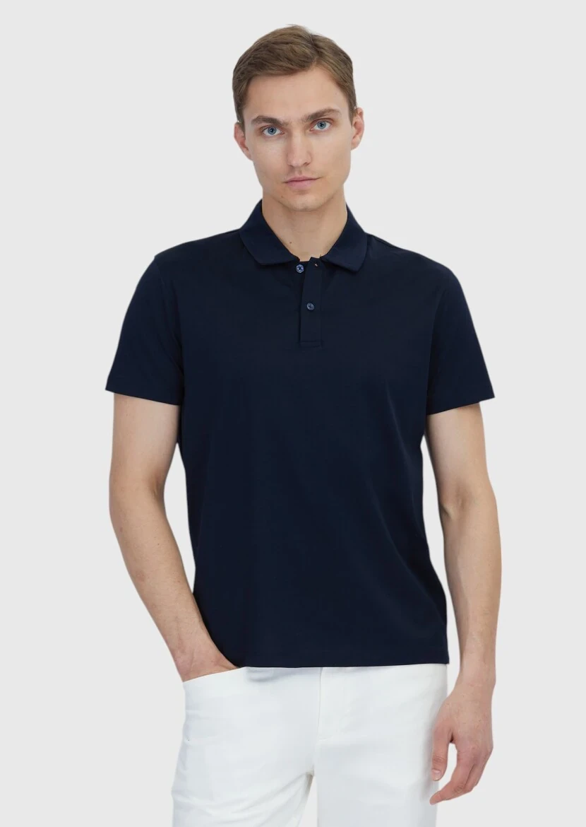 Lacivert Düz Polo Yaka %100 Pamuk T-Shirt - 1