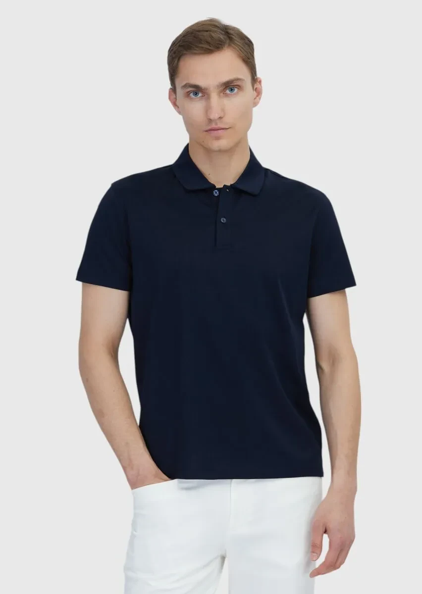 Lacivert Düz Polo Yaka %100 Pamuk T-Shirt - 1