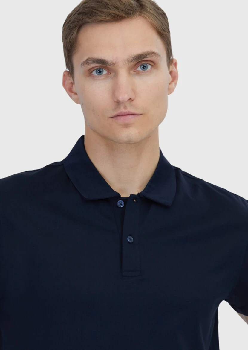 Lacivert Düz Polo Yaka %100 Pamuk T-Shirt - 3