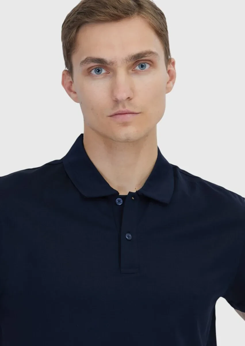 Lacivert Düz Polo Yaka %100 Pamuk T-Shirt - 3