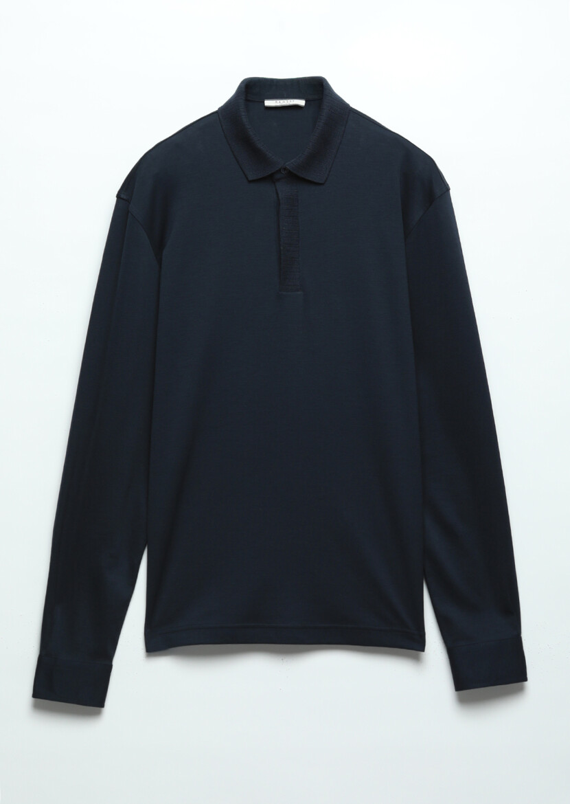 Lacivert Düz Polo Yaka %100 Pamuk T-Shirt - 5
