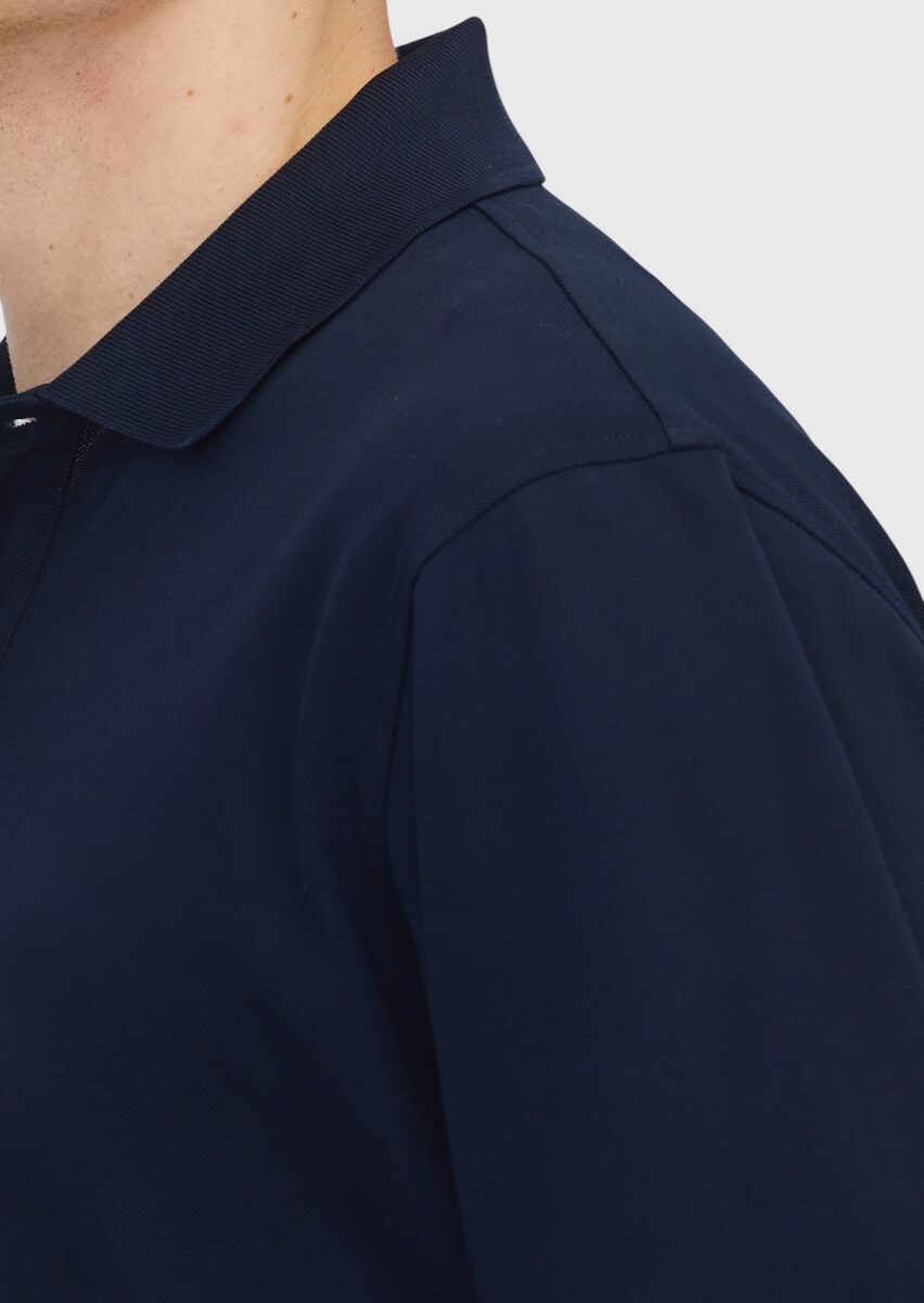Lacivert Düz Polo Yaka %100 Pamuk T-Shirt - 4