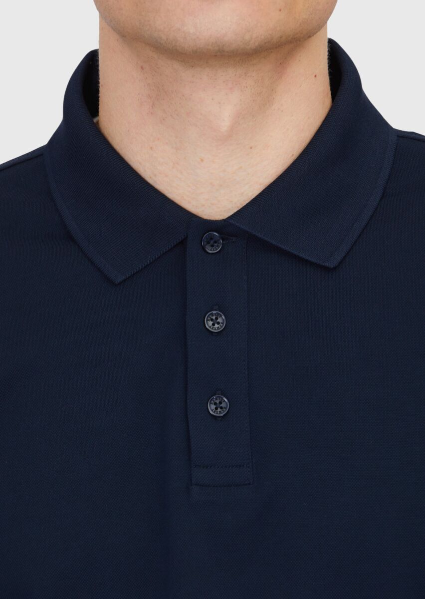Lacivert Düz Polo Yaka %100 Pamuk T-Shirt - 5