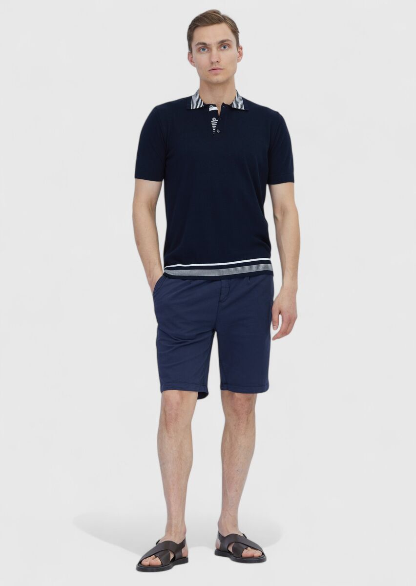 Lacivert Düz Polo Yaka %100 Pamuk T-Shirt - 2