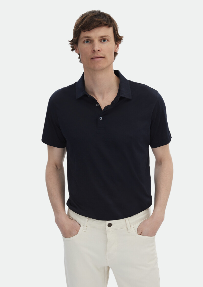 Lacivert Düz Polo Yaka İpek Karışımlı T-Shirt - 1