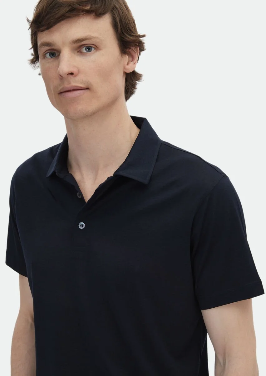 Lacivert Düz Polo Yaka İpek Karışımlı T-Shirt - 3