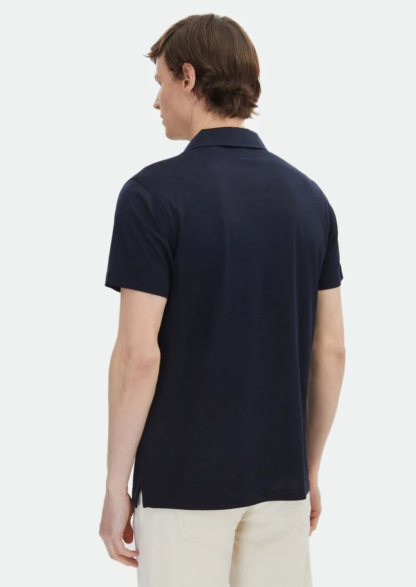 Lacivert Düz Polo Yaka İpek Karışımlı T-Shirt - 5