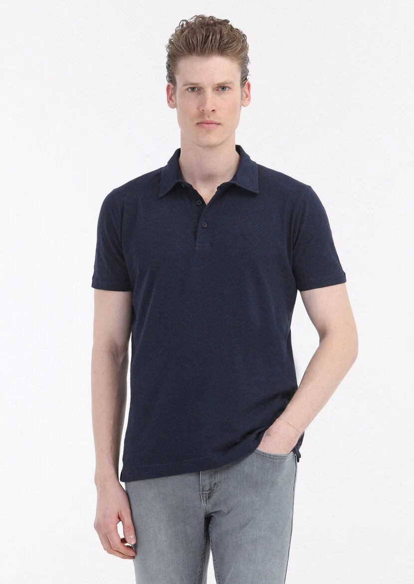 Lacivert Düz Polo Yaka Pamuk Karışımlı T-Shirt - 2