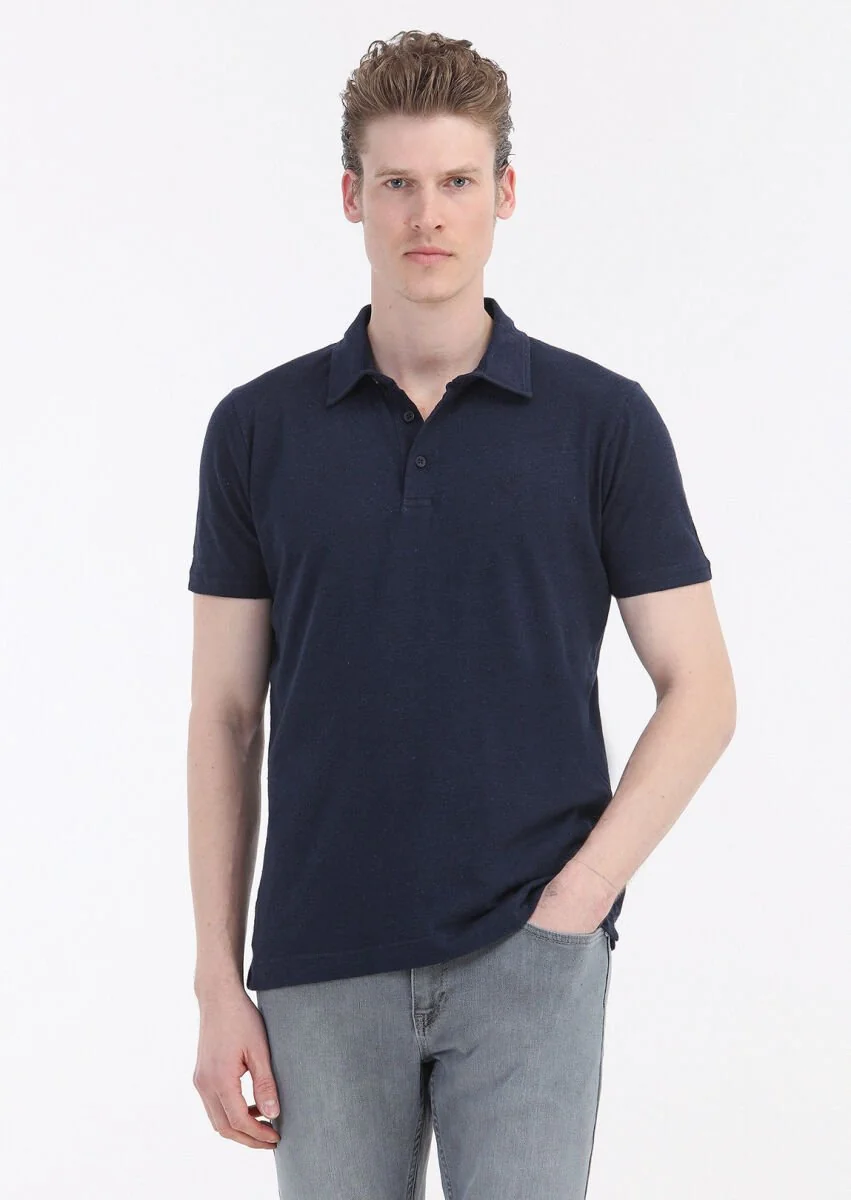 Lacivert Düz Polo Yaka Pamuk Karışımlı T-Shirt - 2