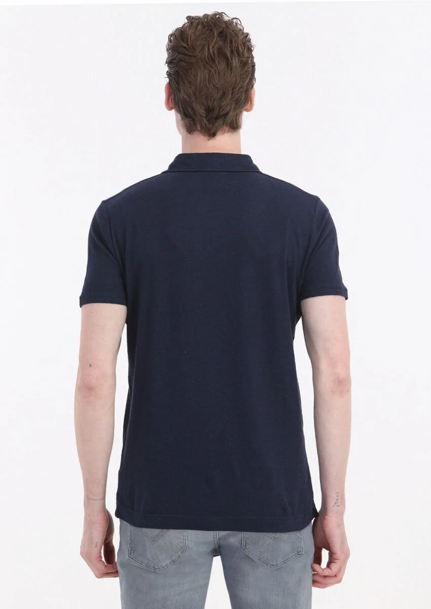 Lacivert Düz Polo Yaka Pamuk Karışımlı T-Shirt - 4