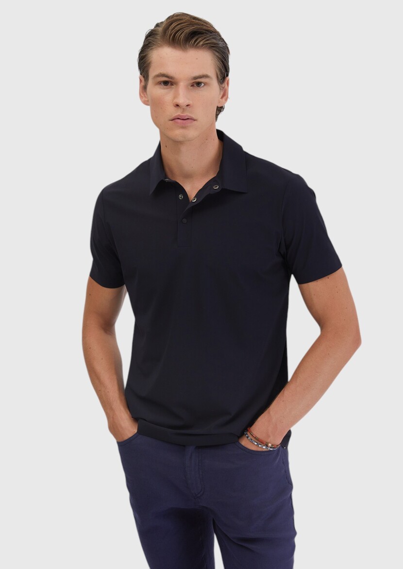 Lacivert Düz Polo Yaka T-Shirt - 1