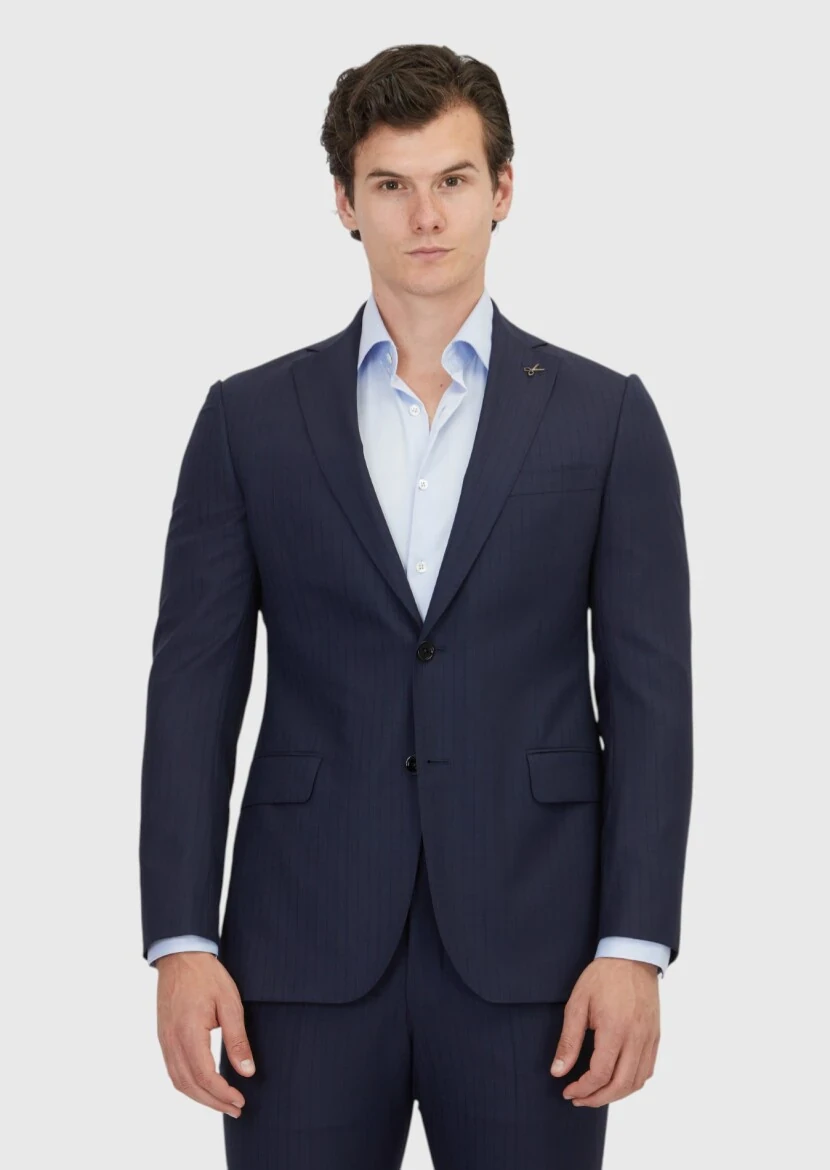 Lacivert Düz Regular Fit %100 Yün Takım Elbise - 1