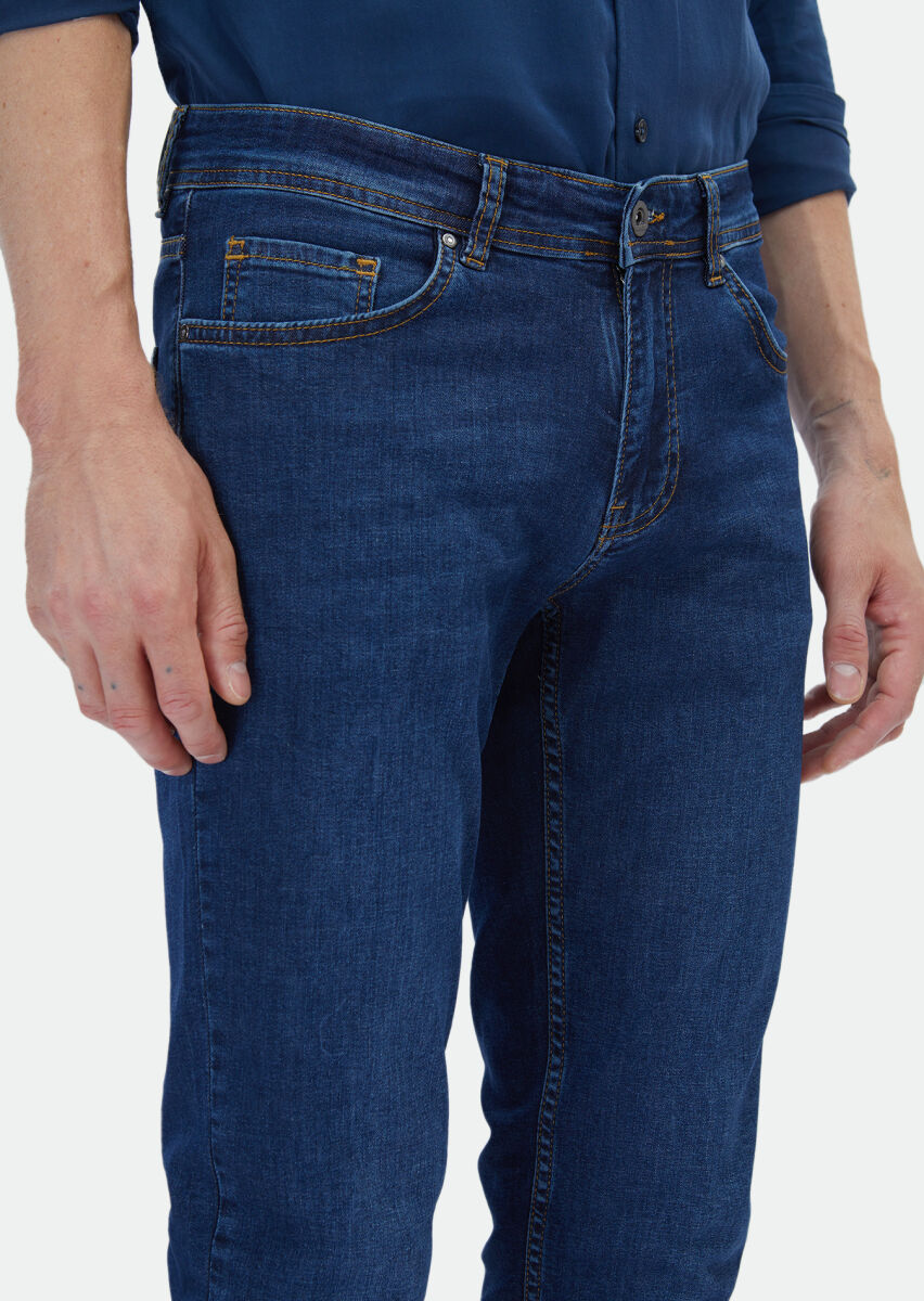 Lacivert Düz Regular Fit Denim Pamuk Karışımlı Pantolon - 3