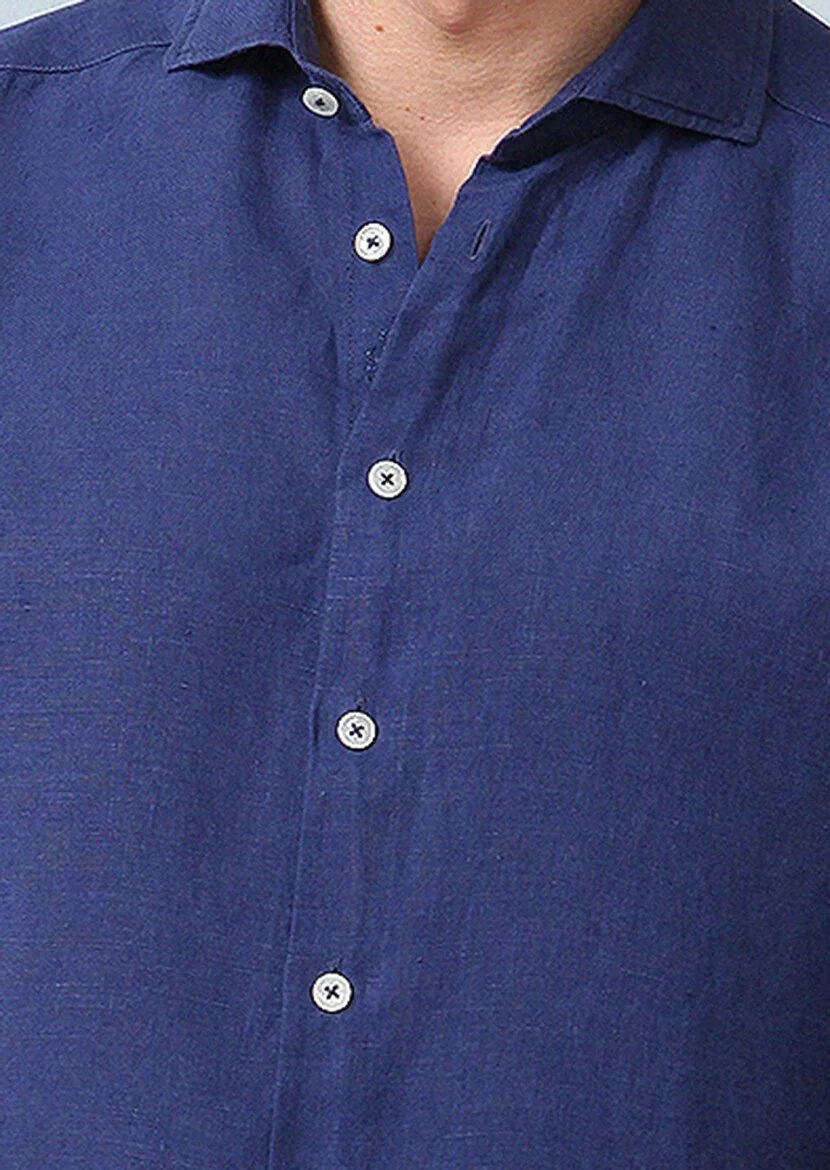 Lacivert Düz Regular Fit Dokuma Casual %100 Keten Gömlek - 3
