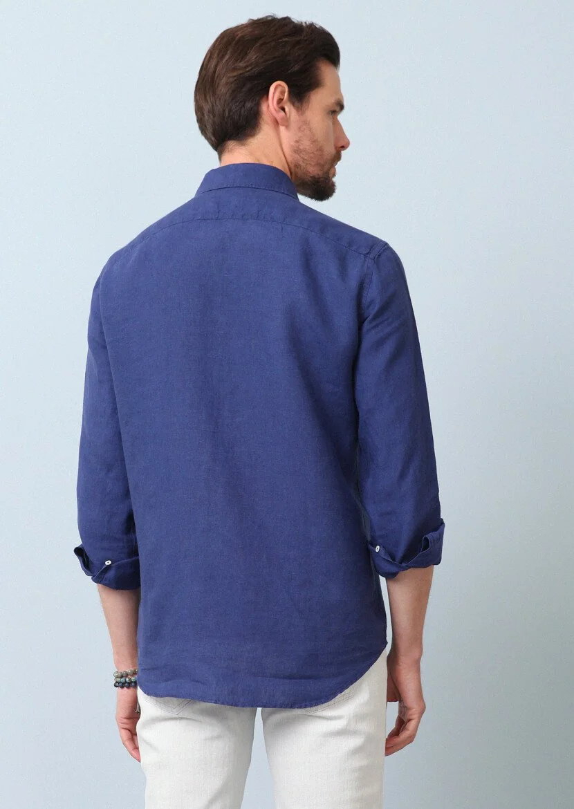 Lacivert Düz Regular Fit Dokuma Casual %100 Keten Gömlek - 7