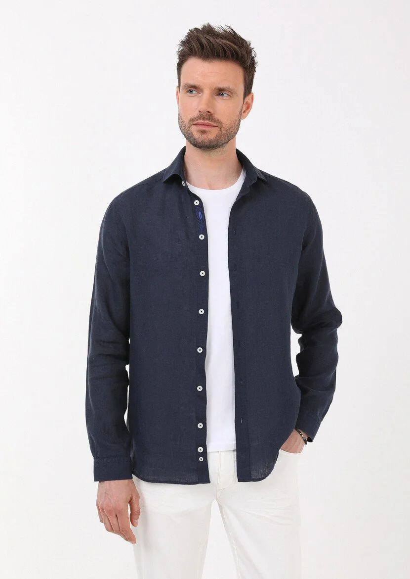 Lacivert Düz Regular Fit Dokuma Casual %100 Keten Gömlek 