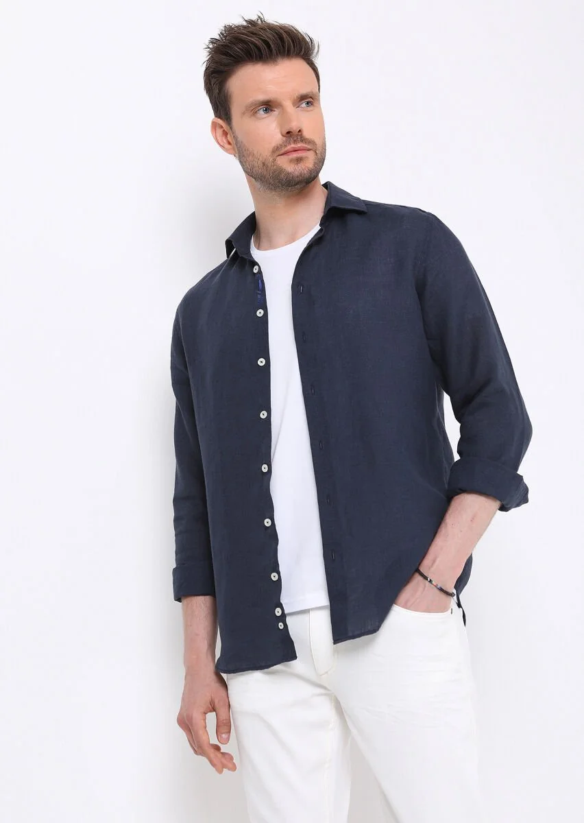 Lacivert Düz Regular Fit Dokuma Casual %100 Keten Gömlek - 3