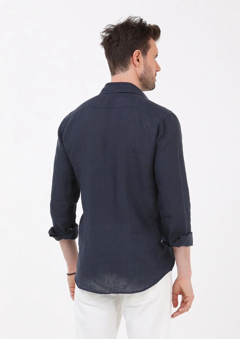 Lacivert Düz Regular Fit Dokuma Casual %100 Keten Gömlek - 6