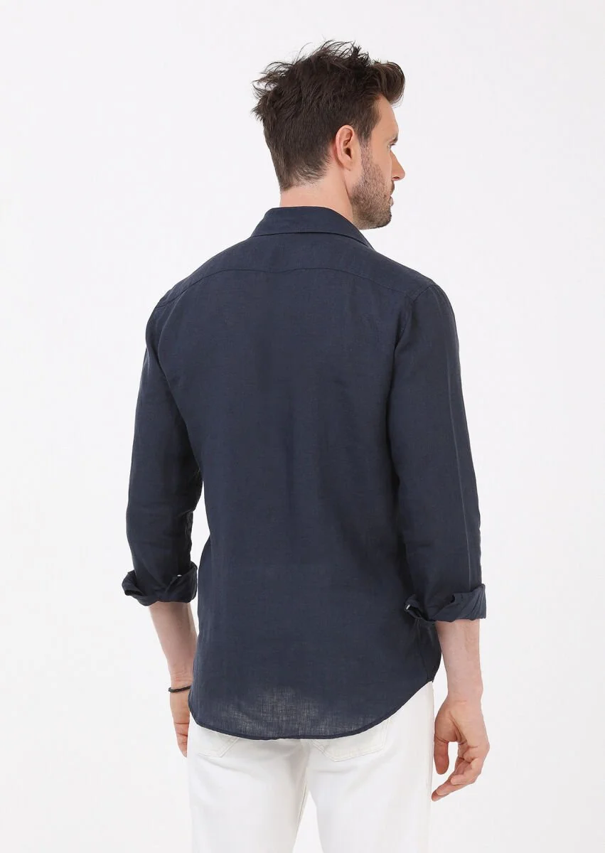 Lacivert Düz Regular Fit Dokuma Casual %100 Keten Gömlek - 6