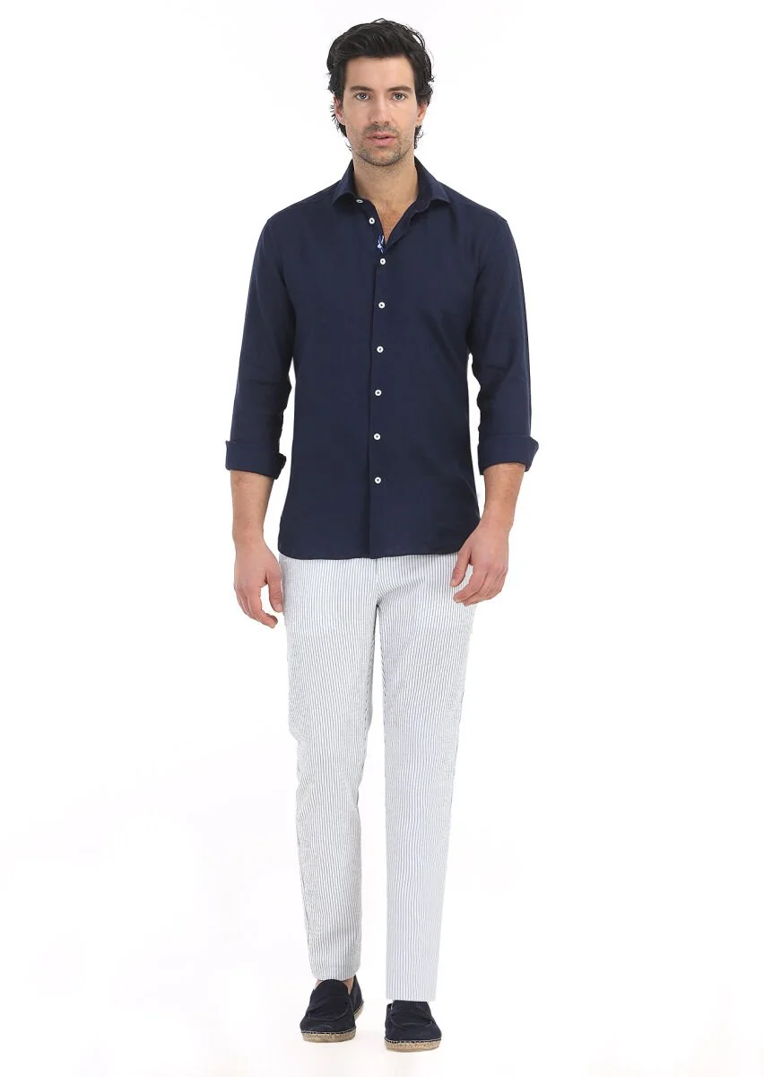 Lacivert Düz Regular Fit Dokuma Casual %100 Keten Gömlek - 1