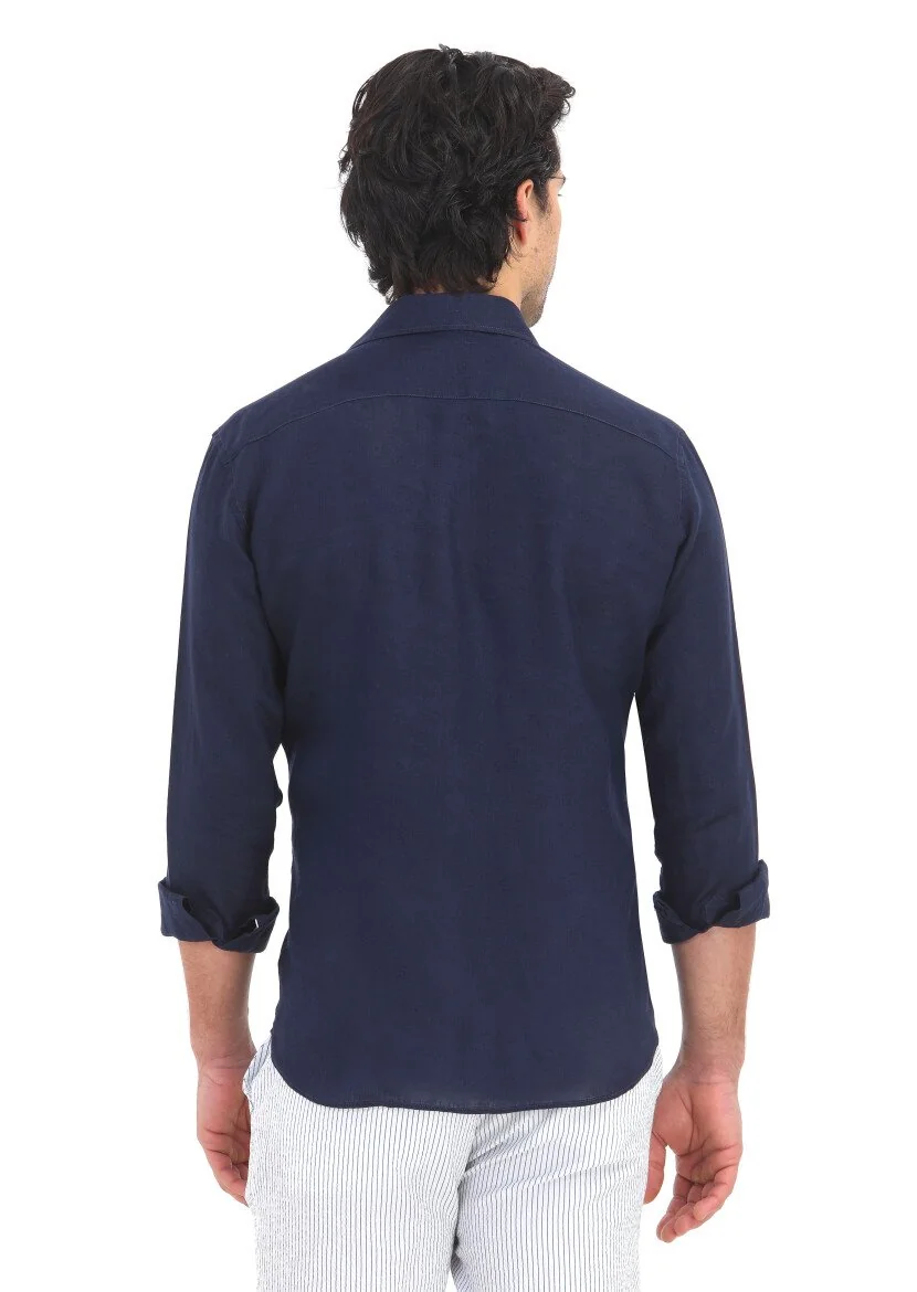 Lacivert Düz Regular Fit Dokuma Casual %100 Keten Gömlek - 4