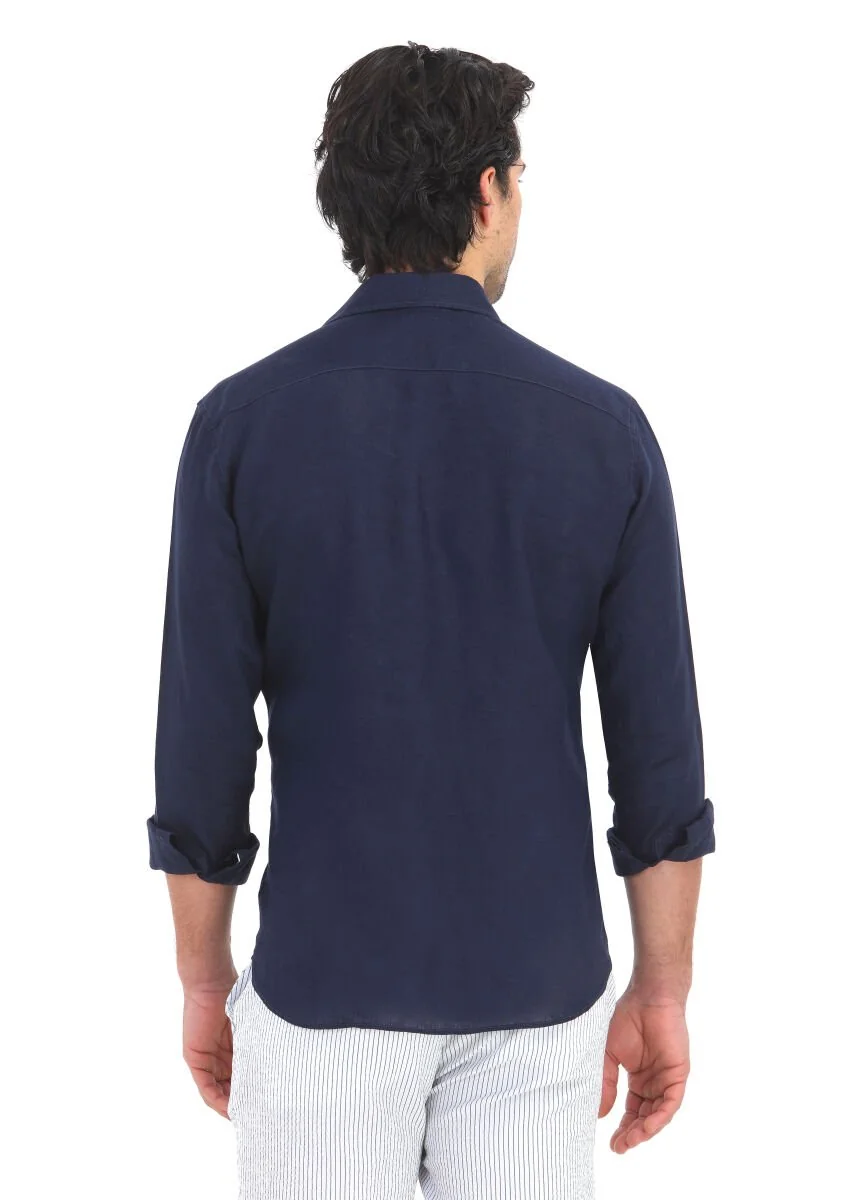 Lacivert Düz Regular Fit Dokuma Casual %100 Keten Gömlek - 4