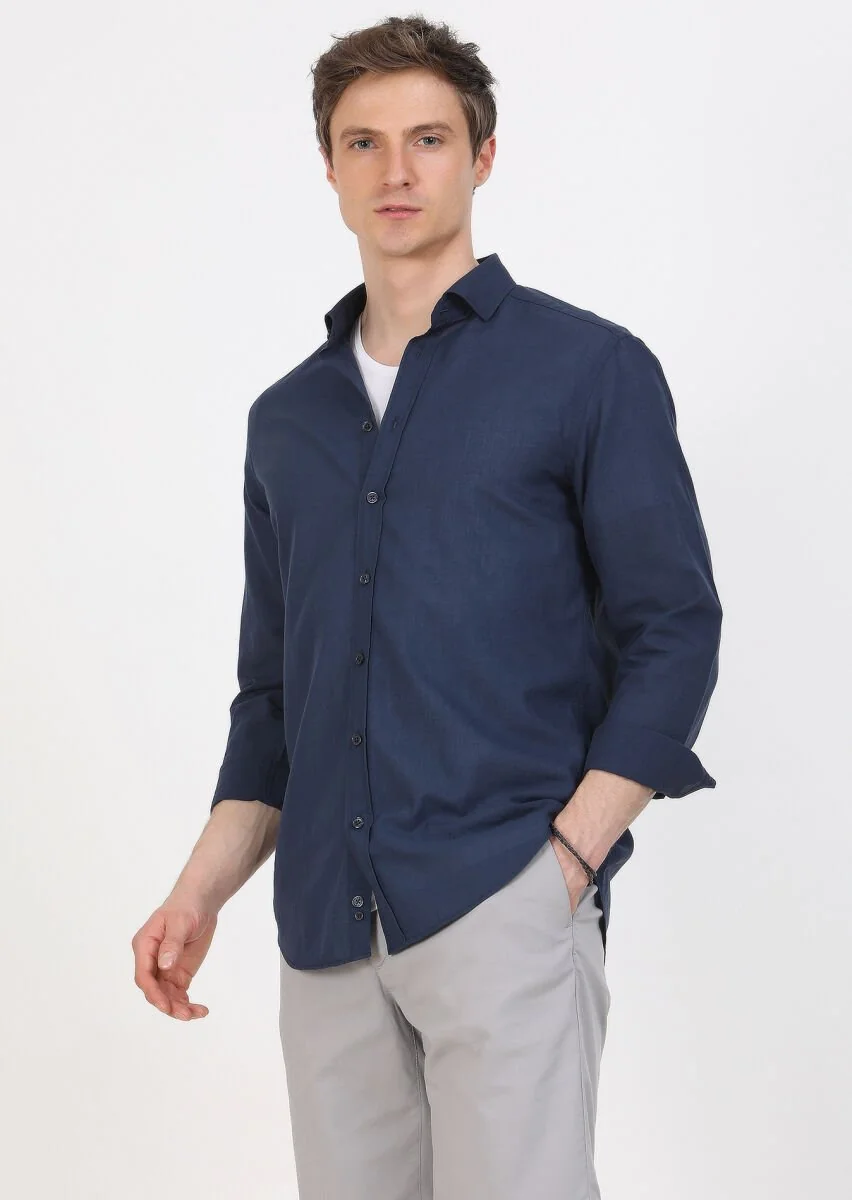 Lacivert Düz Regular Fit Dokuma Casual %100 Pamuk Gömlek - 3