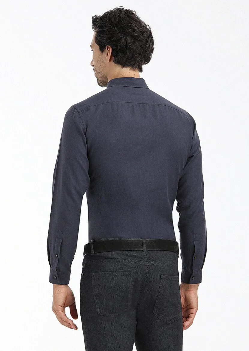 Lacivert Düz Regular Fit Dokuma Casual %100 Pamuk Gömlek - 4