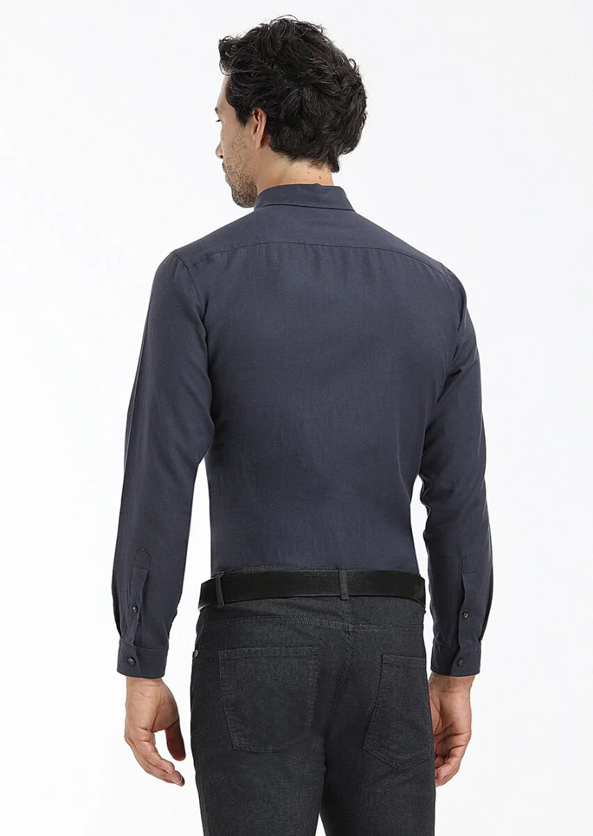 Lacivert Düz Regular Fit Dokuma Casual %100 Pamuk Gömlek - 4