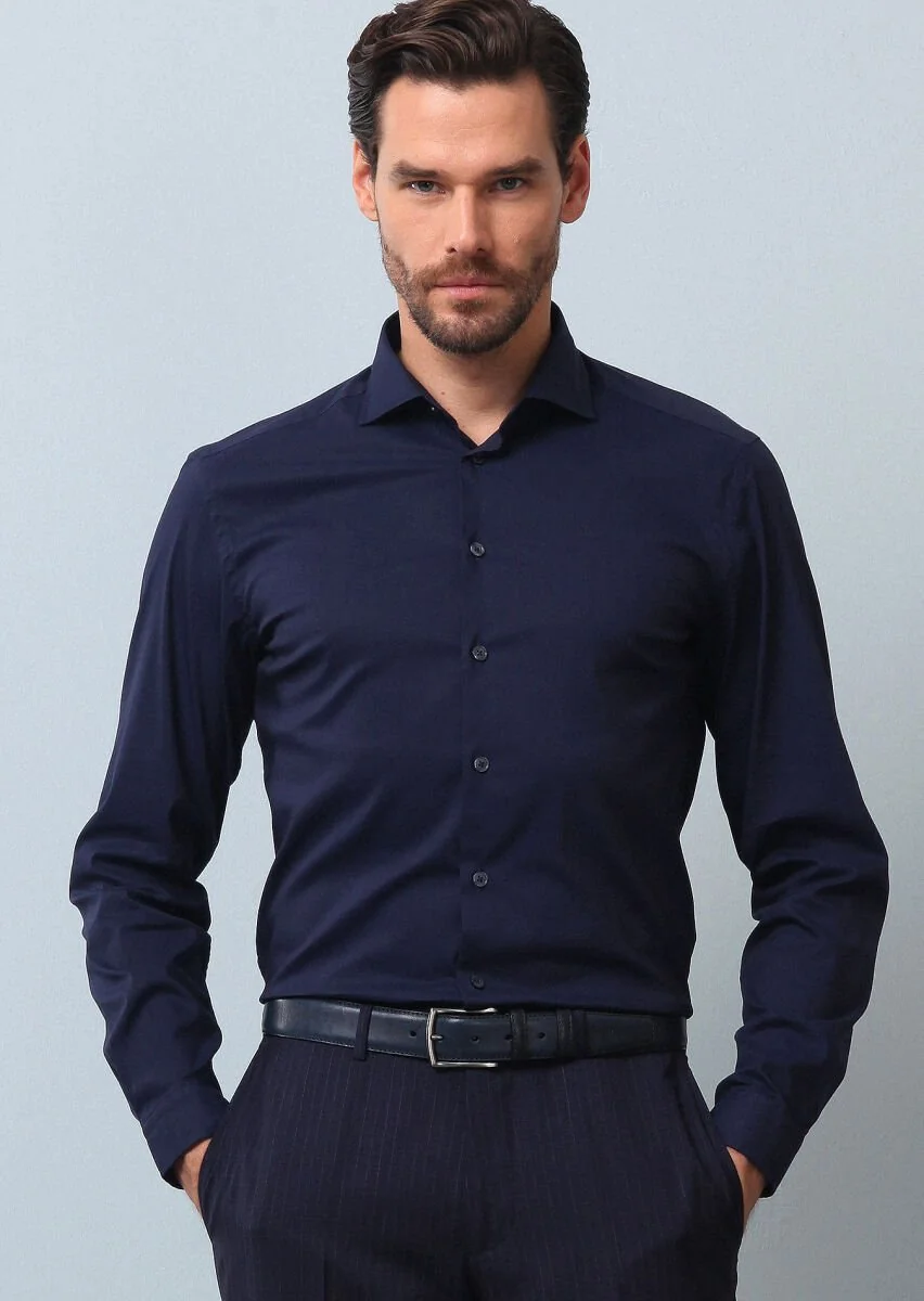 Lacivert Düz Regular Fit Dokuma Casual Pamuk Karışımlı Gömlek - 2