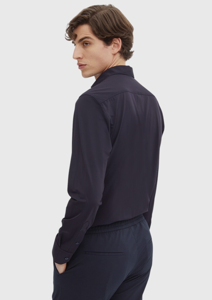 Lacivert Düz Regular Fit Dokuma Klasik Gömlek - 4