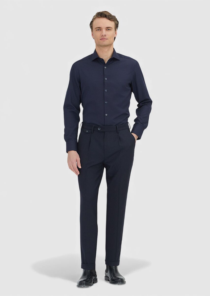 Lacivert Düz Regular Fit Dokuma Klasik Pamuk Karışımlı Gömlek - 2