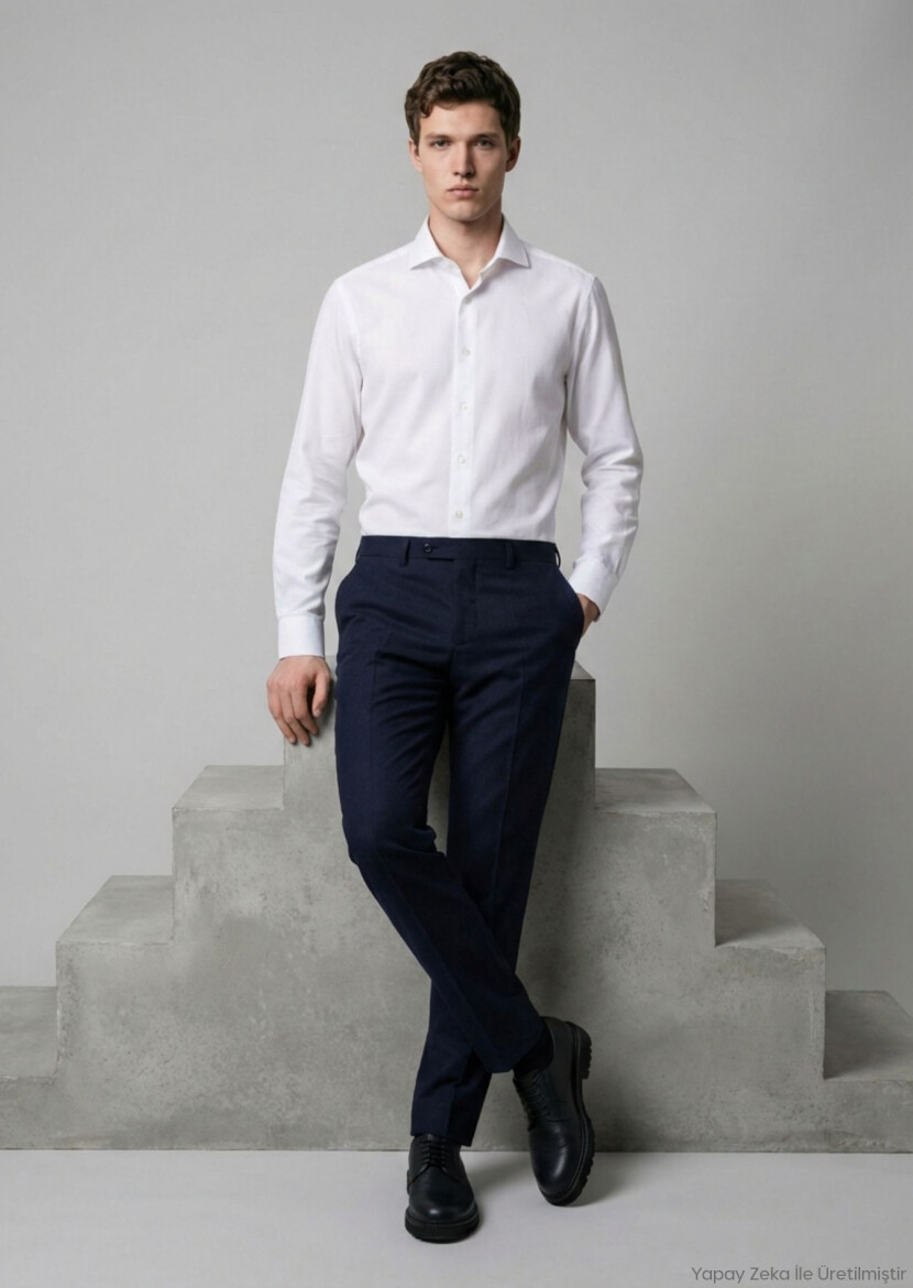 Lacivert Düz Kumaş Regular Fit Klasik %100 Yün Pantolon - RAMSEY