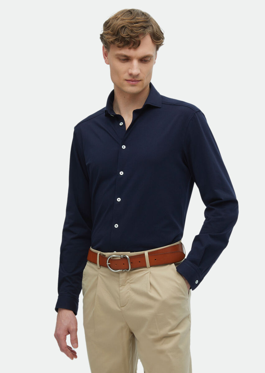 Lacivert Düz Regular Fit Uzun Casual Pamuk Karışımlı Gömlek - 1