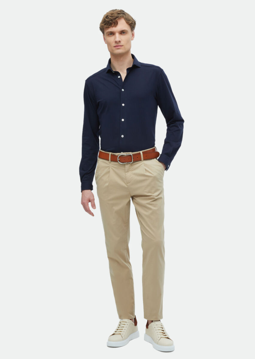 Lacivert Düz Regular Fit Uzun Casual Pamuk Karışımlı Gömlek - 2