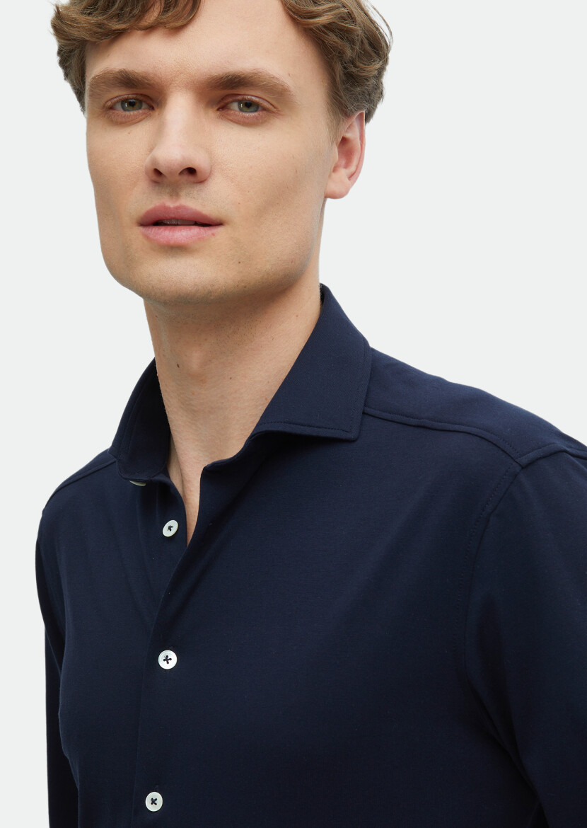 Lacivert Düz Regular Fit Uzun Casual Pamuk Karışımlı Gömlek - 4